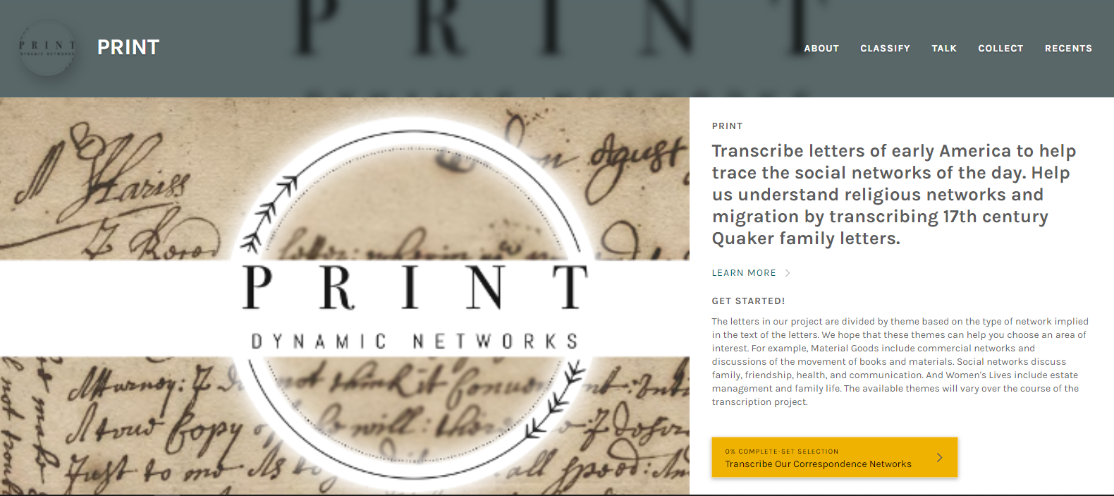 Screenshot of PRINT's Zooniverse homepage